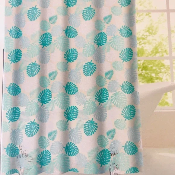 Tropical Jungle Leaves Peva Shower Curtain Shades of Blue Metal Grommets - Picture 7 of 8